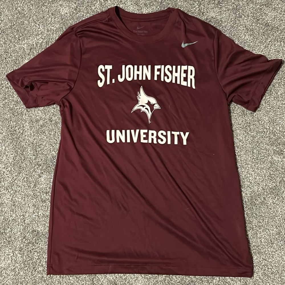 maroon/cardinal red Nike Dri Fit shirt with St. John Fisher logo